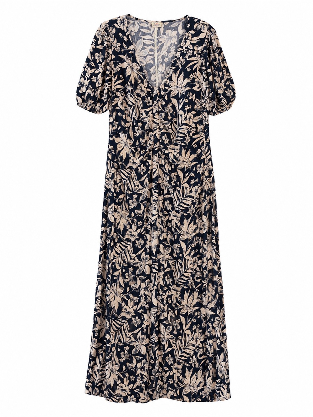 Faherty Sorrento Maxi Dress Women L Navy Blue Hawaiian Floral Puff Sleeve NWT - Picture 2 of 9